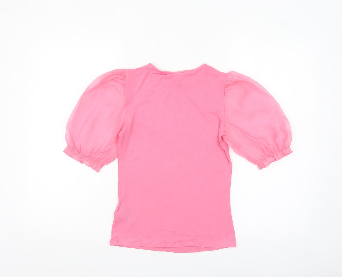H&M Women Pink Puff Sleeve Crew Neck Cotton Blend T-Shirt XS