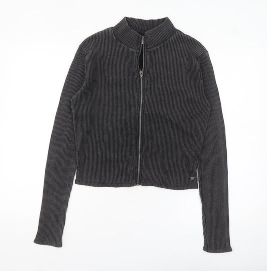 Pull&Bear Teens Grey Ribbed Zip Jacket Size L Cotton Blend