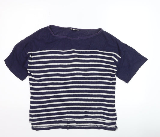 Great Plains Women Navy Striped Short Sleeve Knit Pullover Jumper S