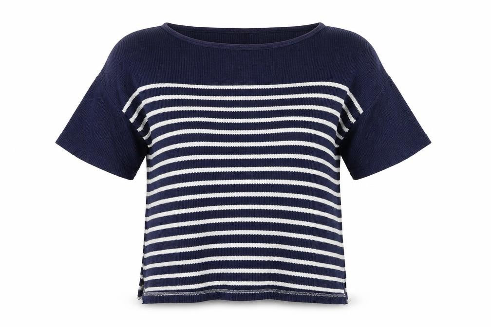 Great Plains Women Navy Striped Short Sleeve Knit Pullover Jumper S