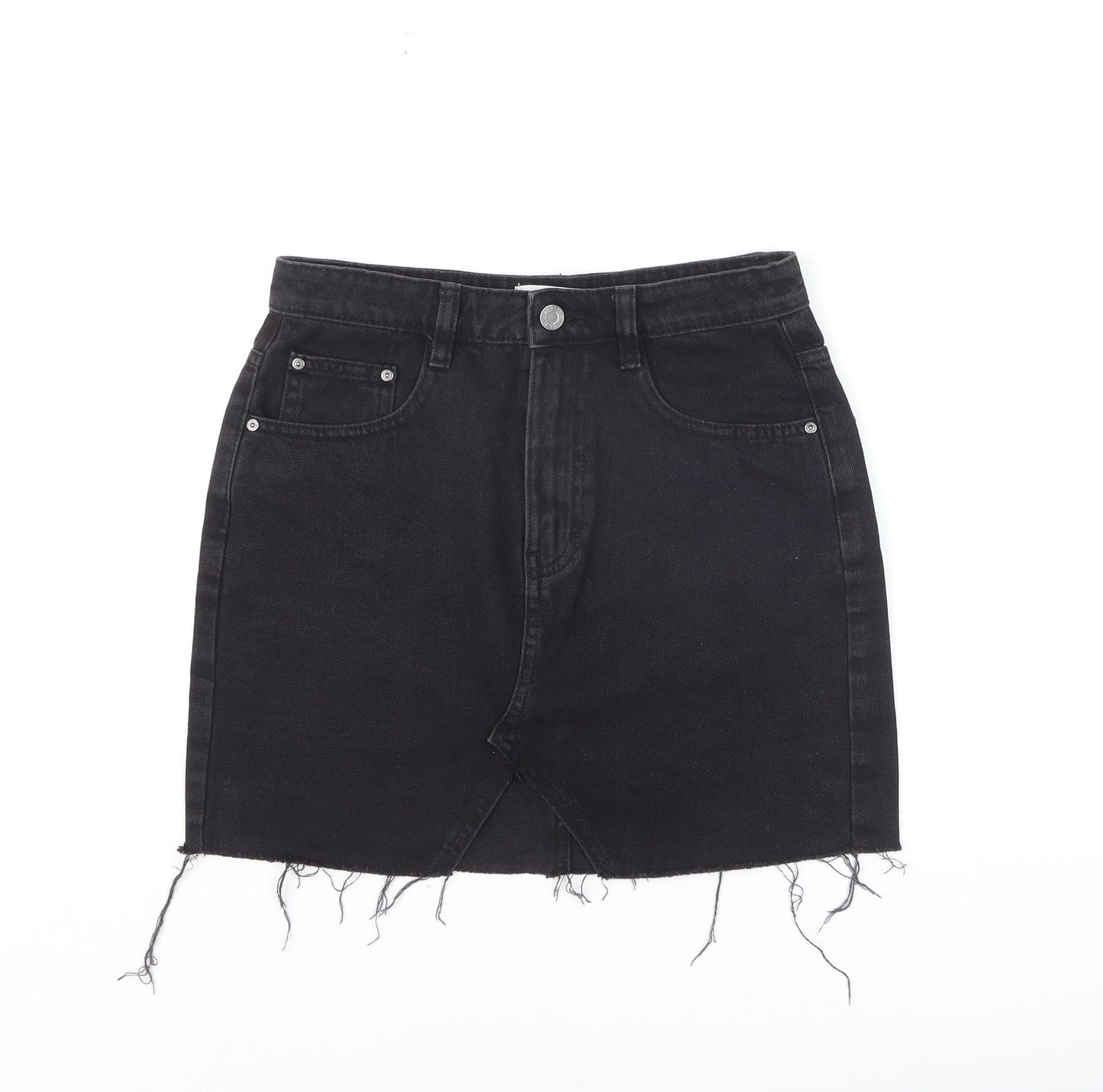 Pull & Bear Women’s Black Denim Mini Skirt Size S High Rise Frayed Hem