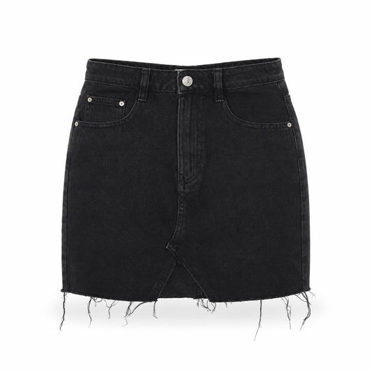 Pull&Bear Women’s Black Denim Mini Skirt Size S High Rise Frayed Hem