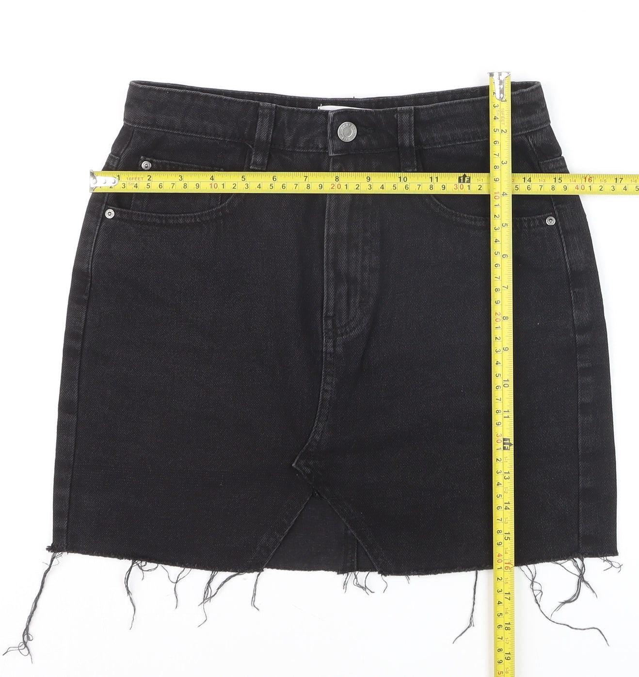 Pull & Bear Women’s Black Denim Mini Skirt Size S High Rise Frayed Hem