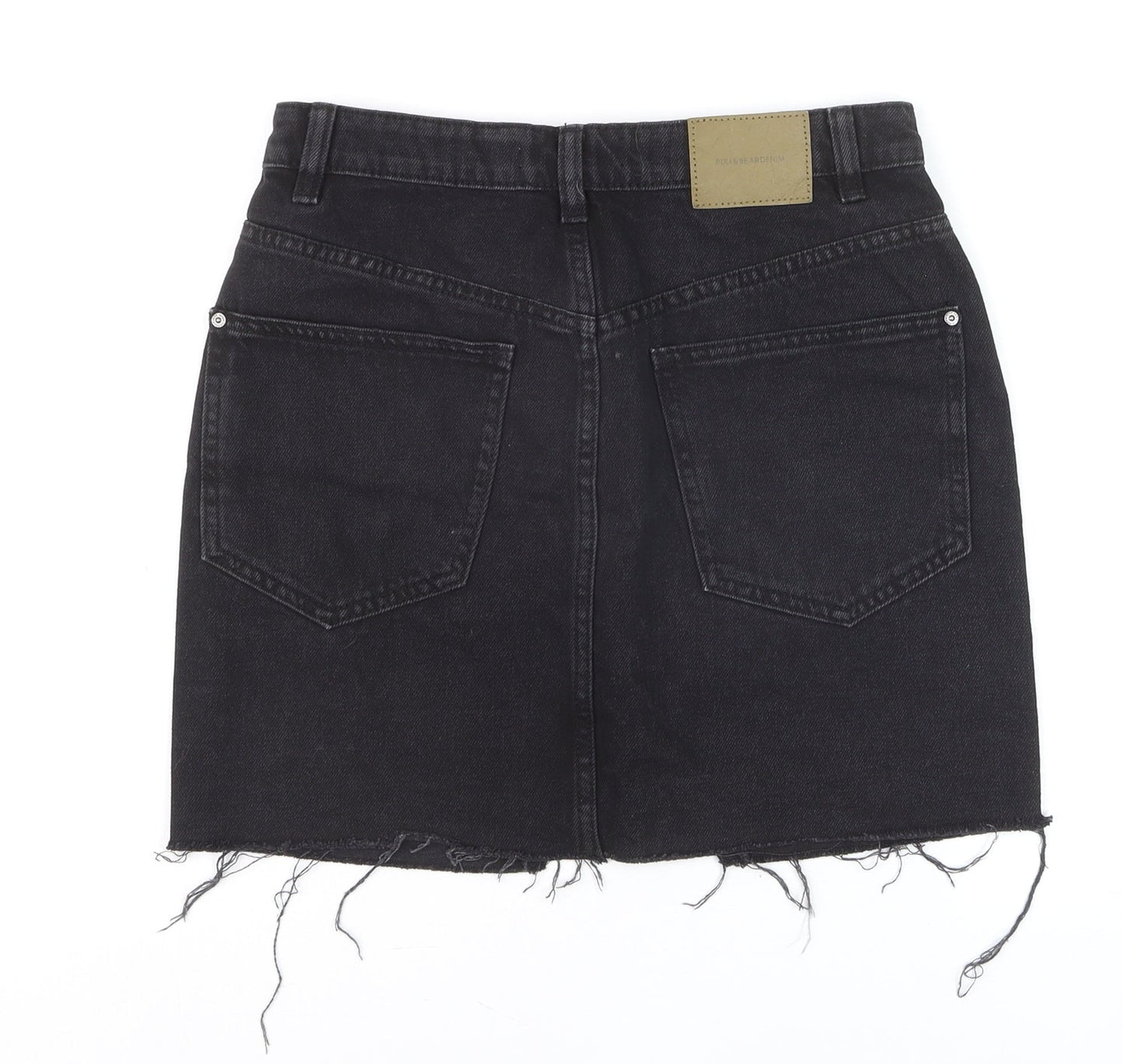 Pull & Bear Women’s Black Denim Mini Skirt Size S High Rise Frayed Hem