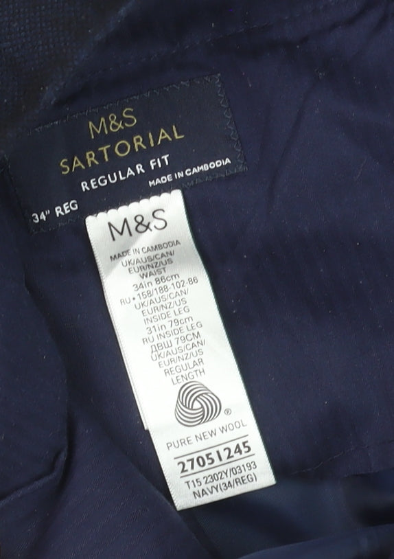 Marks and Spencer Men's Navy Wool Regular Fit Trousers 34W 31L