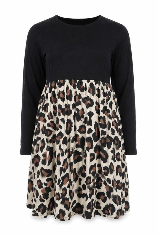 Boohoo Womens Black Leopard Skater Dress Size 12 Long Sleeve