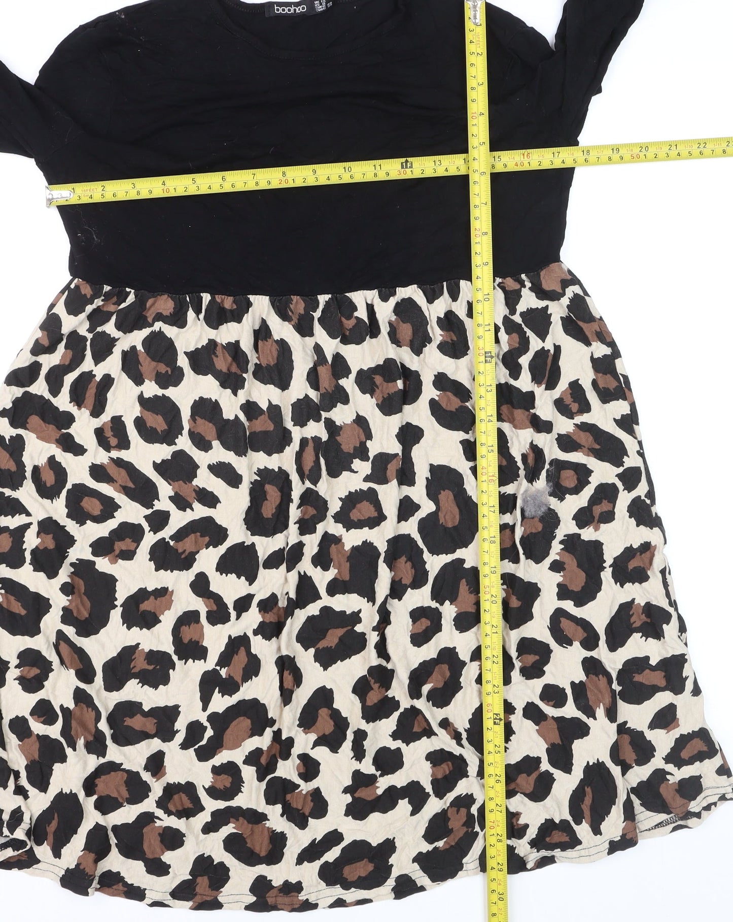 Boohoo Womens Black Leopard Skater Dress Size 12 Long Sleeve