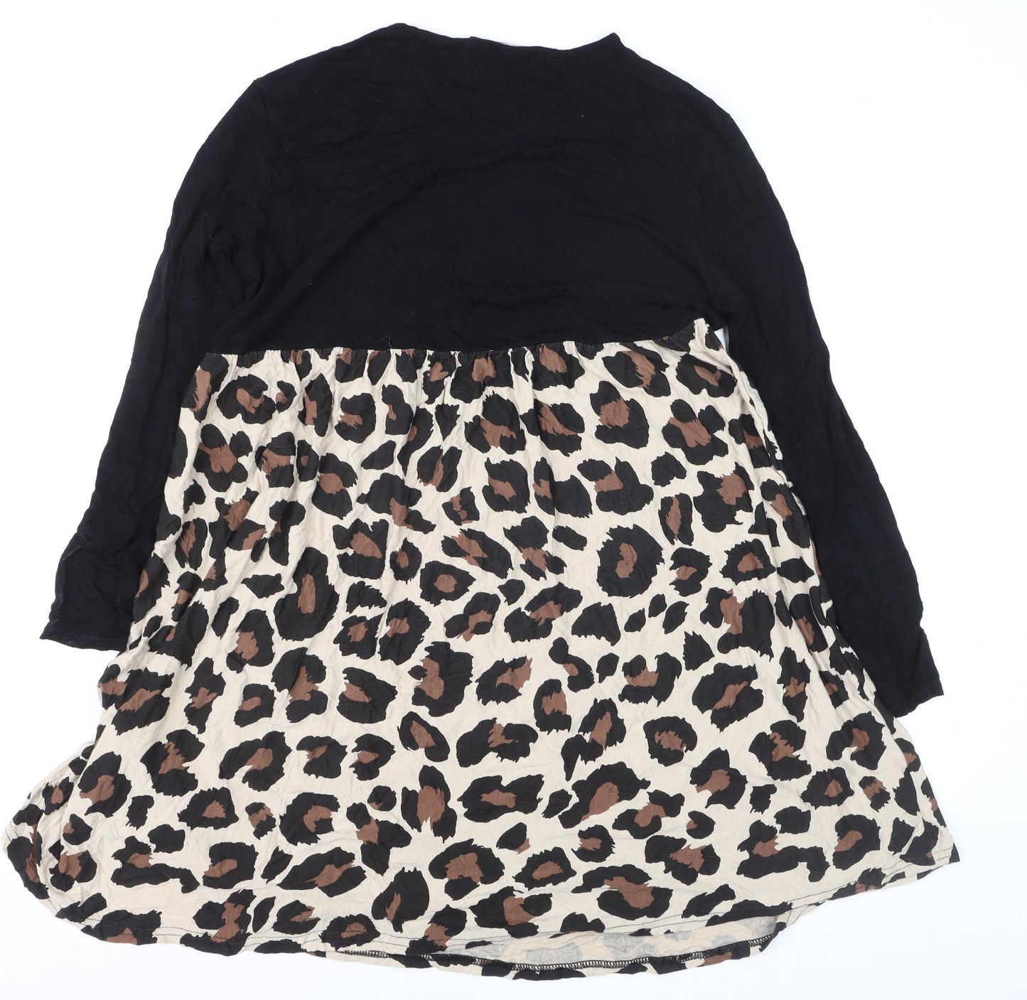 Boohoo Womens Black Leopard Skater Dress Size 12 Long Sleeve