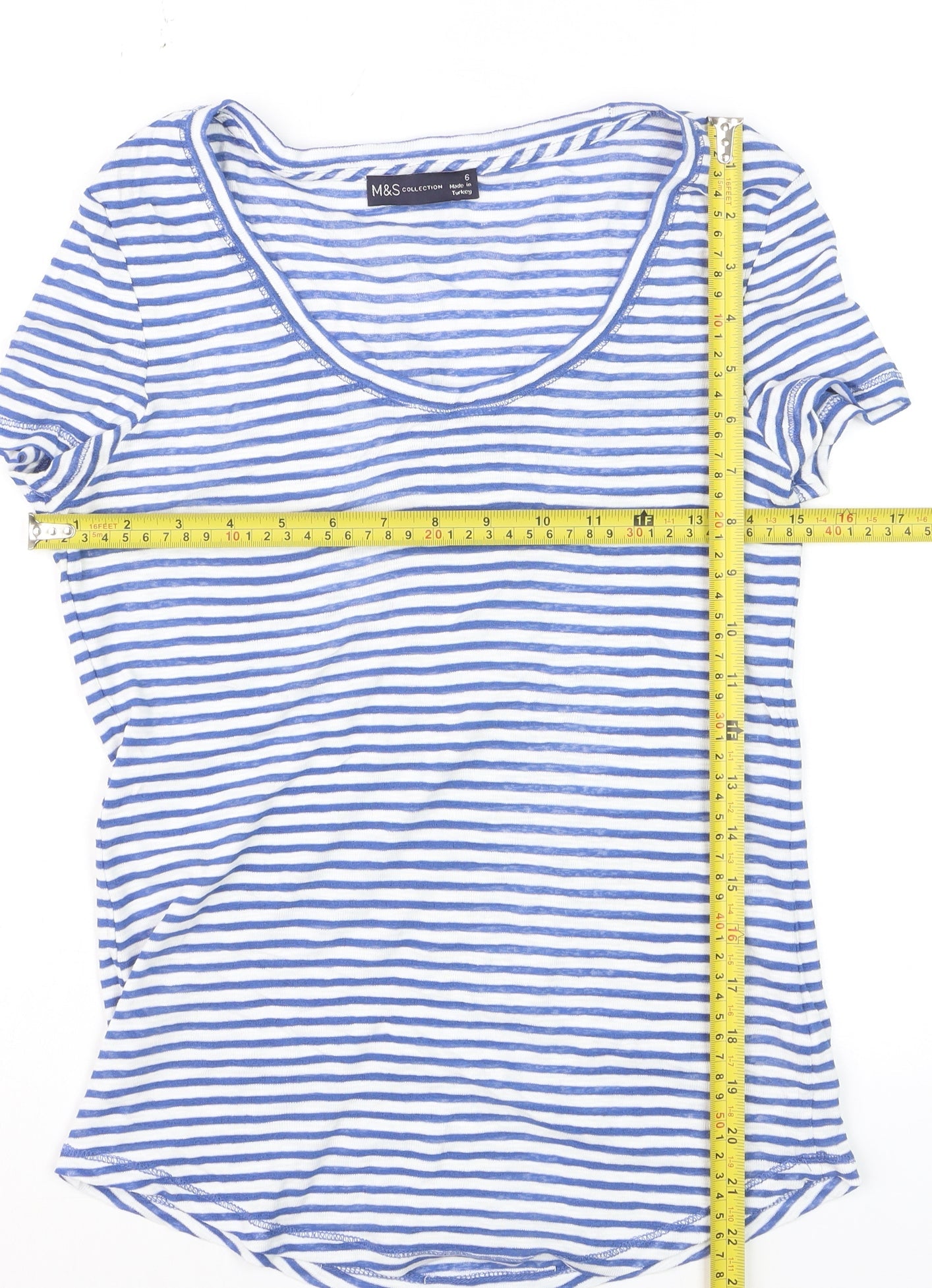 Marks and Spencer Women Blue Striped Basic T-Shirt Size 6