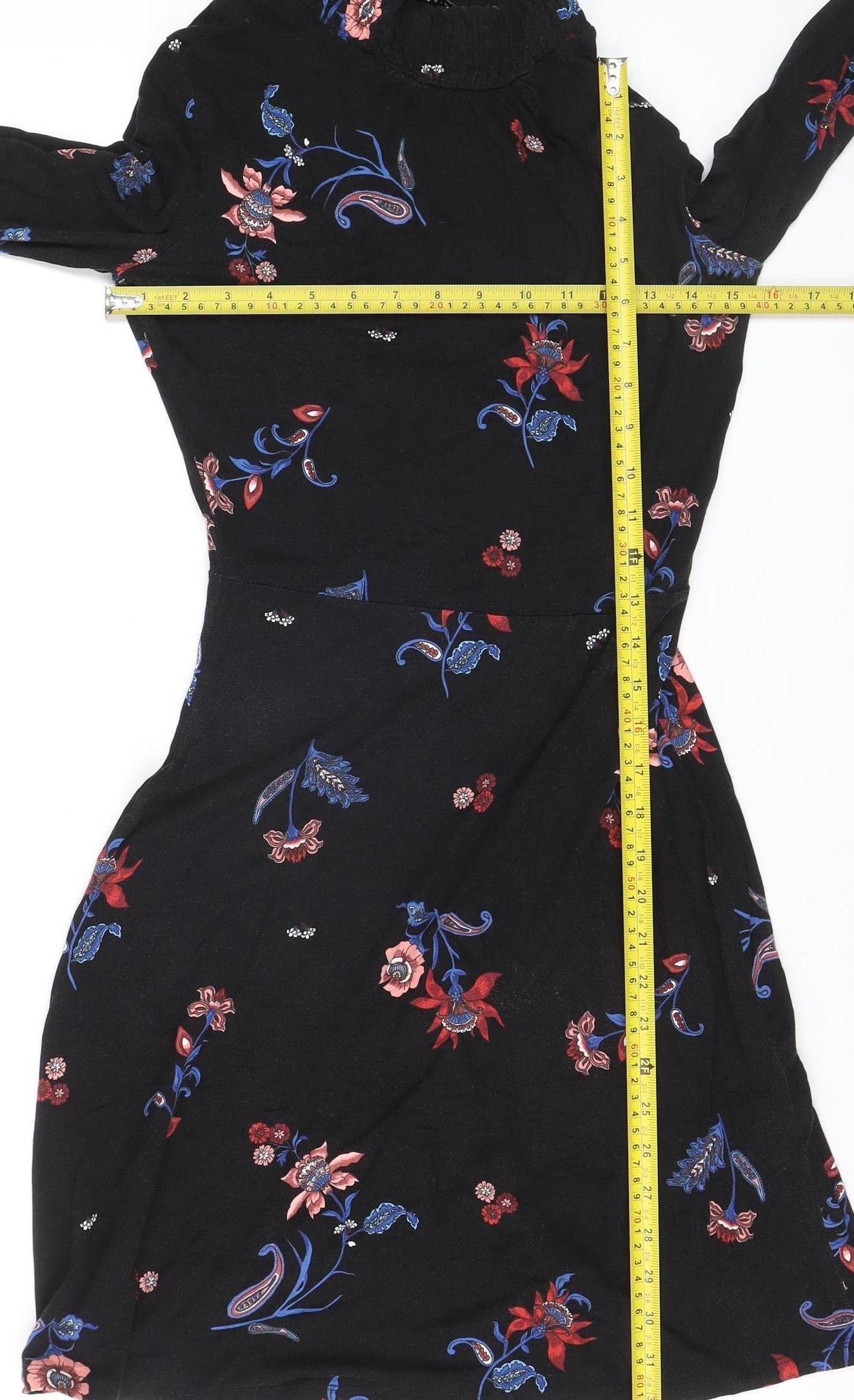Warehouse Womens Black Floral A-Line Dress Size 6 Long Sleeve