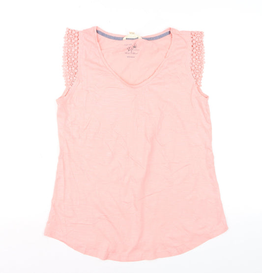 White Stuff Womens Pink Crochet Sleeve V-Neck Cotton Modal T-Shirt UK 14