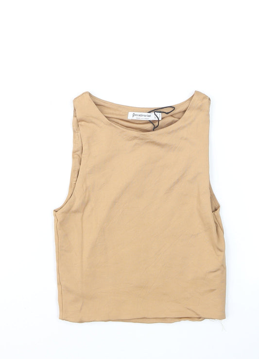 Stradivarius Women Beige Basic Sleeveless Tank Top S