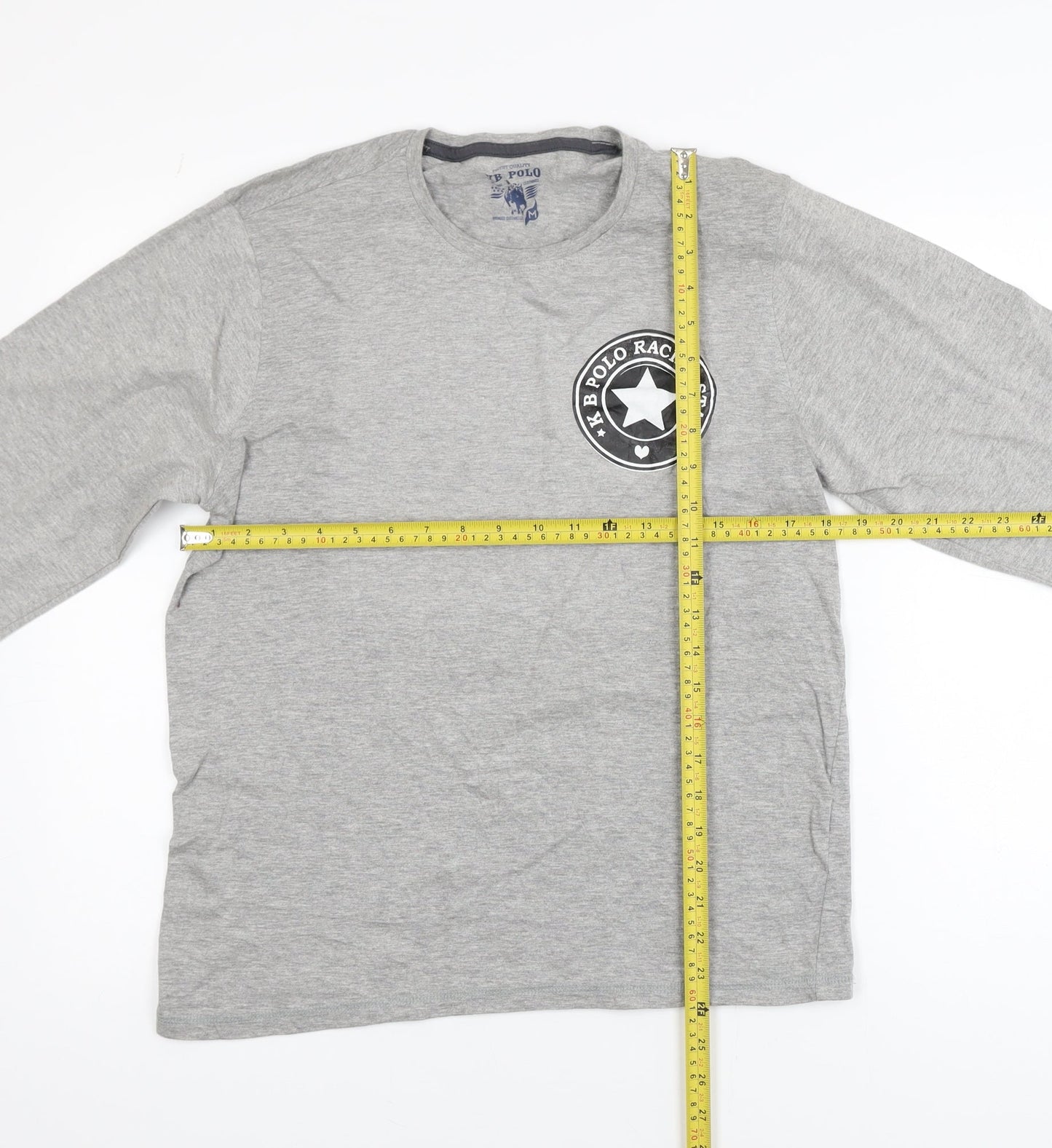 KB Polo Mens Grey Long Sleeve Graphic Cotton T-Shirt Size M