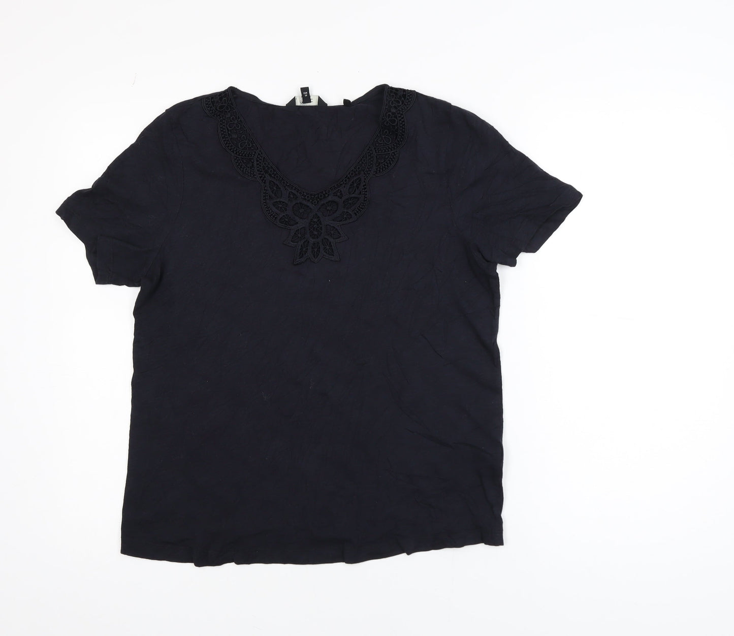 Next Women Black Cotton Crochet V-Neck Tunic Top Size 10