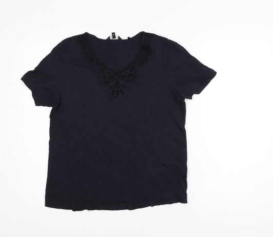 Next Women Black Cotton Crochet V-Neck Tunic Top Size 10