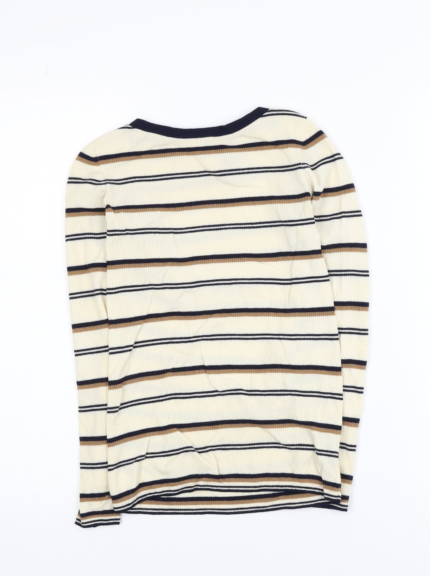 Theory Women Beige Striped Merino Wool Long Sleeve Top S