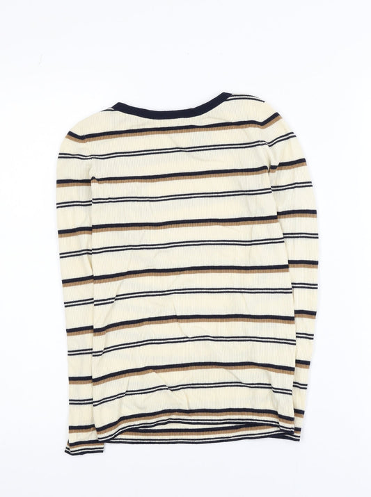 Theory Women Beige Striped Merino Wool Long Sleeve Top S