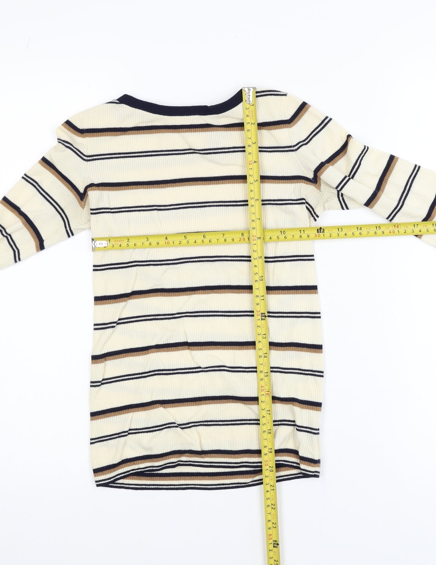 Theory Women Beige Striped Merino Wool Long Sleeve Top S