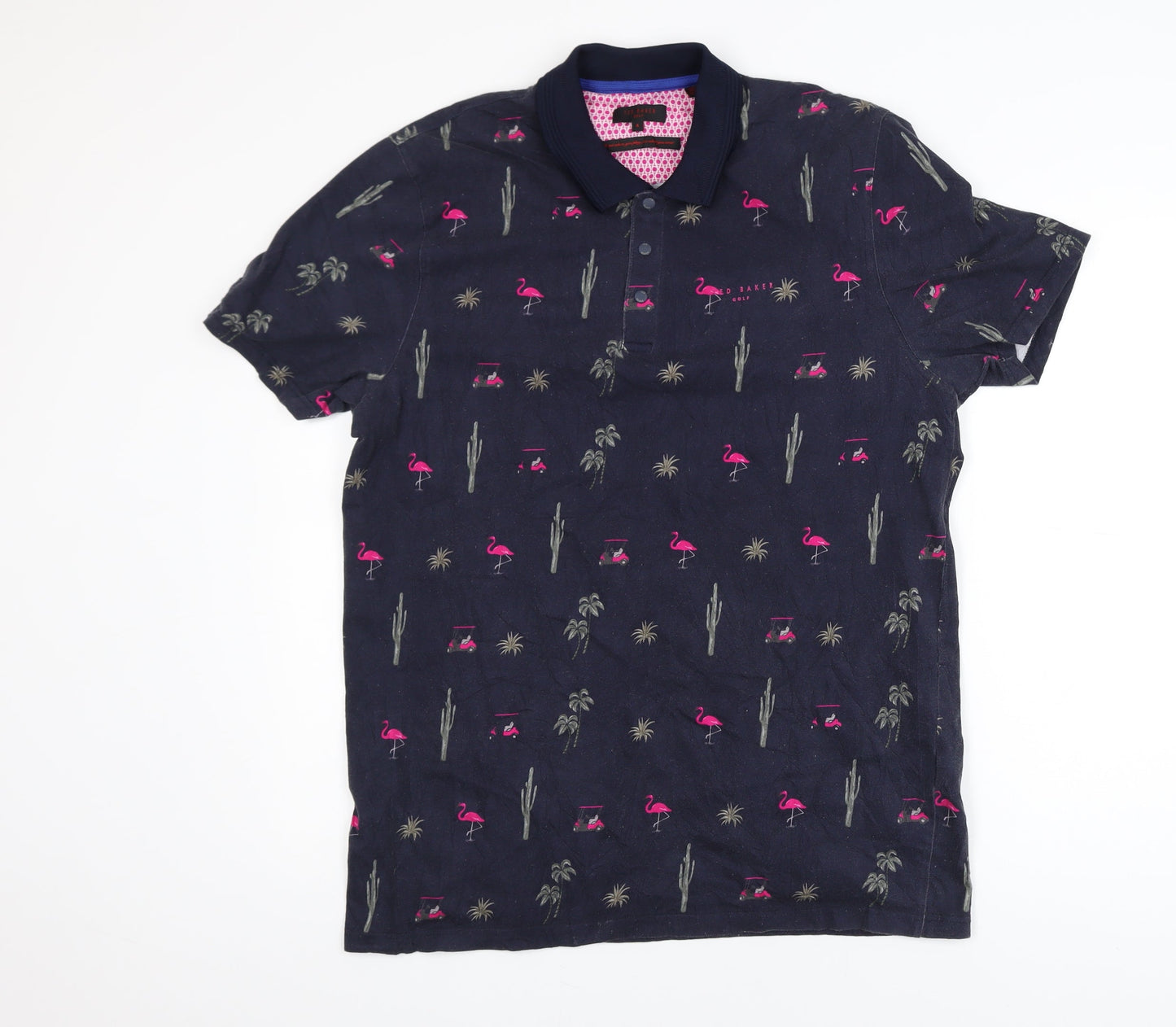 Ted Baker Golf Men's Navy Flamingo Print Cotton Polo Shirt L