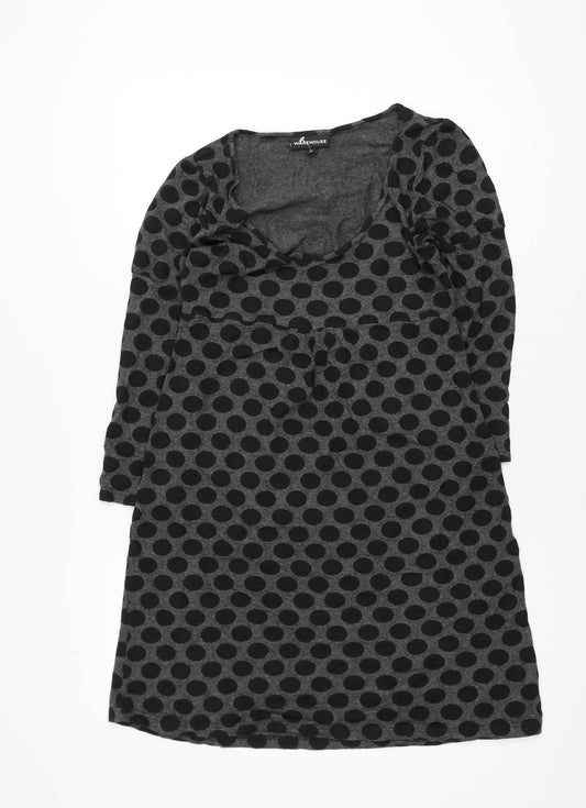 Warehouse Women Grey Polka Dot Shift Dress Size 12 Long Sleeve