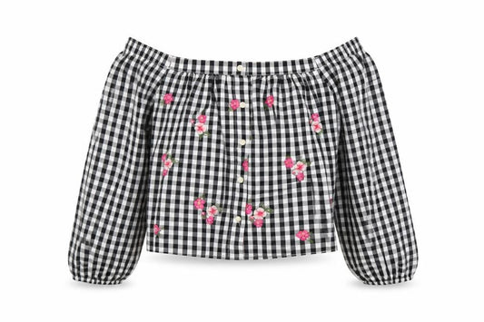 Hollister Women's Black Gingham Floral Off Shoulder Blouse XS