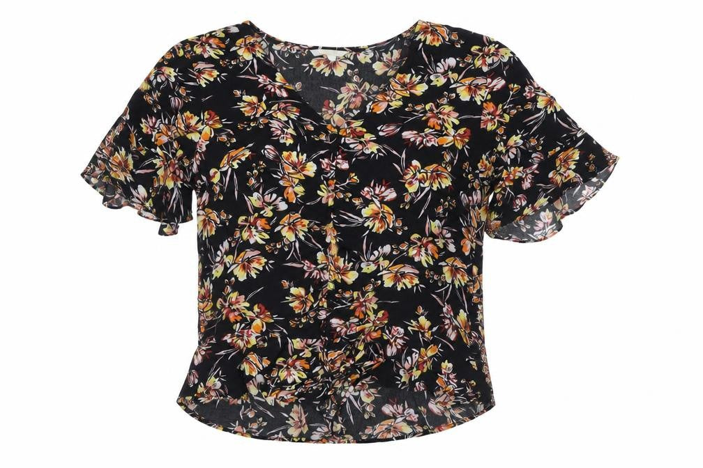 H&M Womens Black Floral V-Neck Blouse Size 10 Ruffle Short Sleeve Viscose