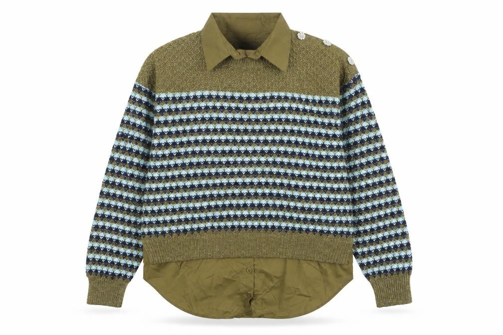 Next Women Olive Green Fair Isle Knit Layered Jumper M Wool Blend