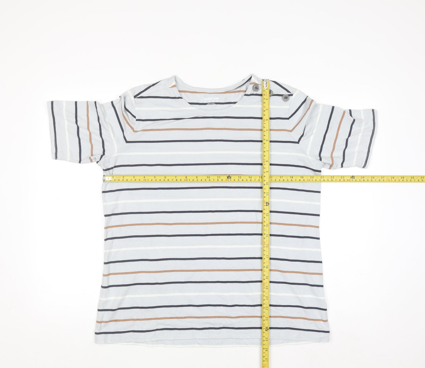 Lands' End Men's Multicoloured Striped Button Shoulder T-Shirt XL