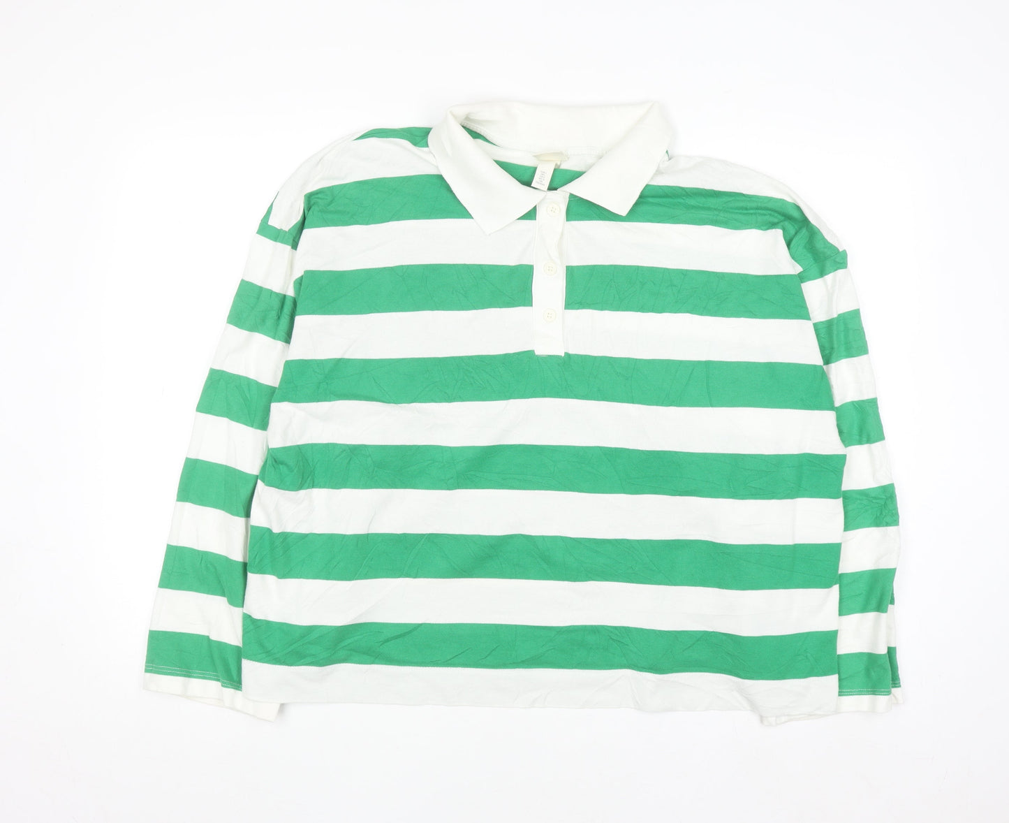 H&M Men's Green White Striped Long Sleeve Polo Shirt L