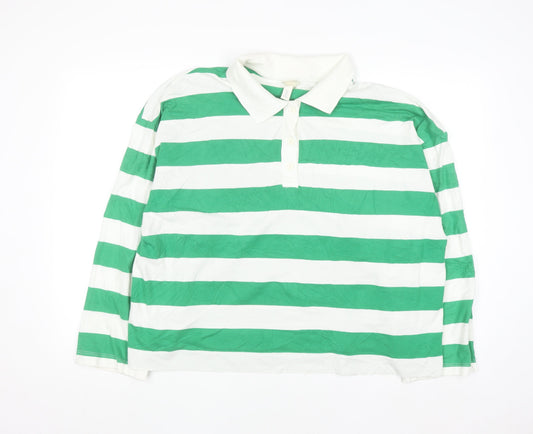 H&M Men's Green White Striped Long Sleeve Polo Shirt L