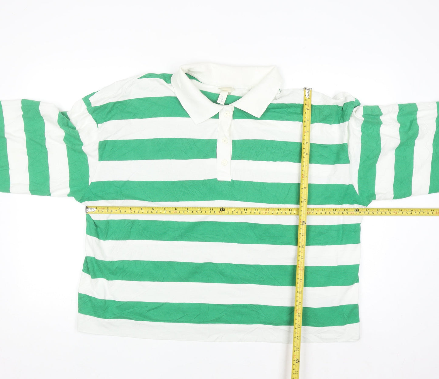 H&M Men's Green White Striped Long Sleeve Polo Shirt L