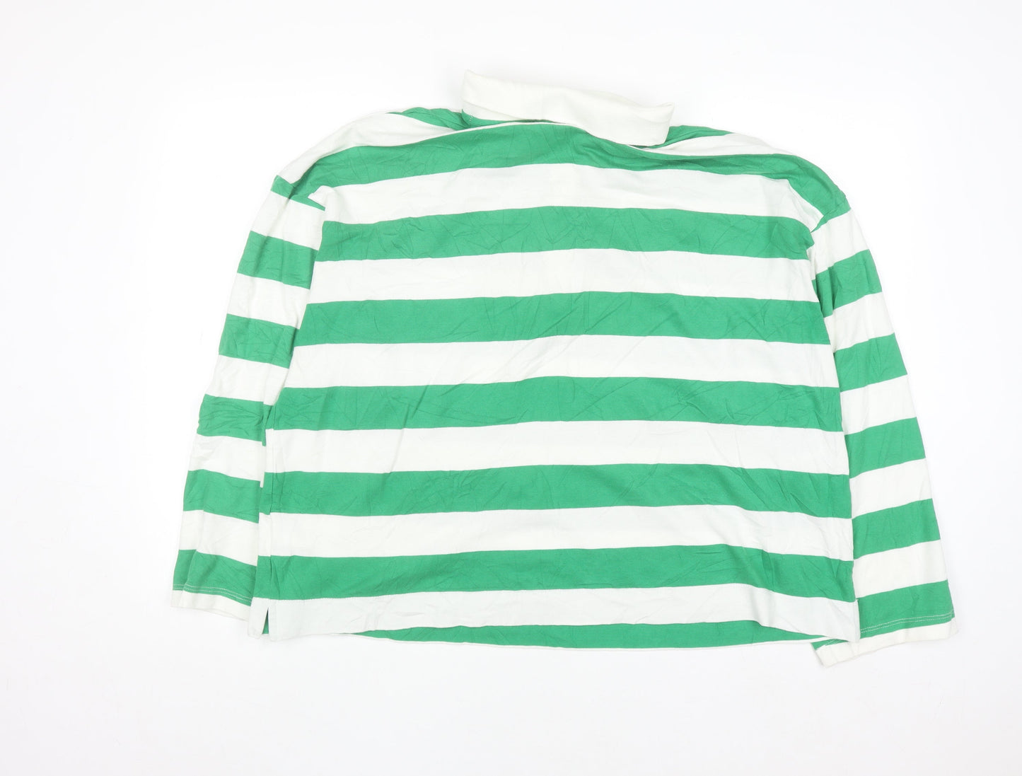H&M Men's Green White Striped Long Sleeve Polo Shirt L