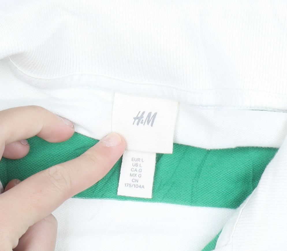 H&M Men's Green White Striped Long Sleeve Polo Shirt L