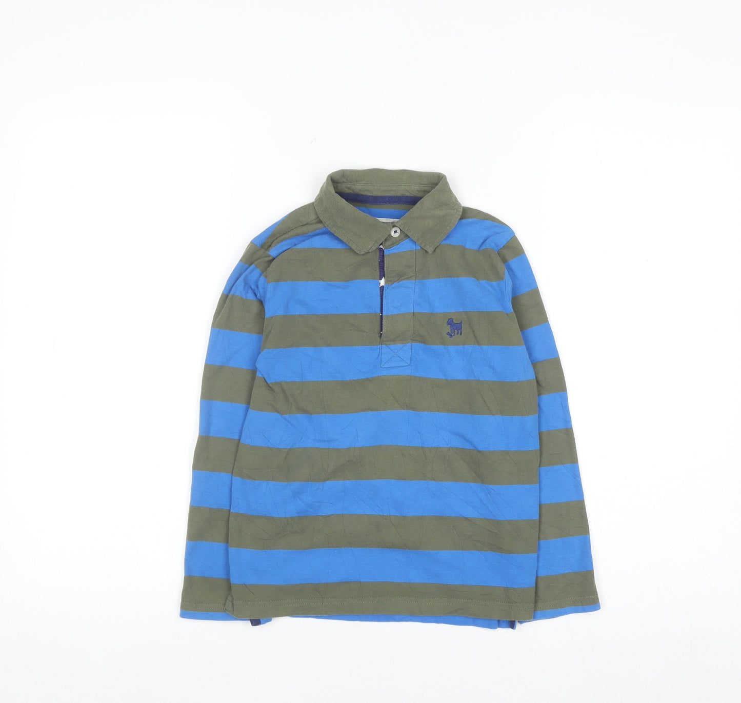 Mini Boden Boys Blue & Khaki Striped Long Sleeve Polo Shirt 6-7 Years