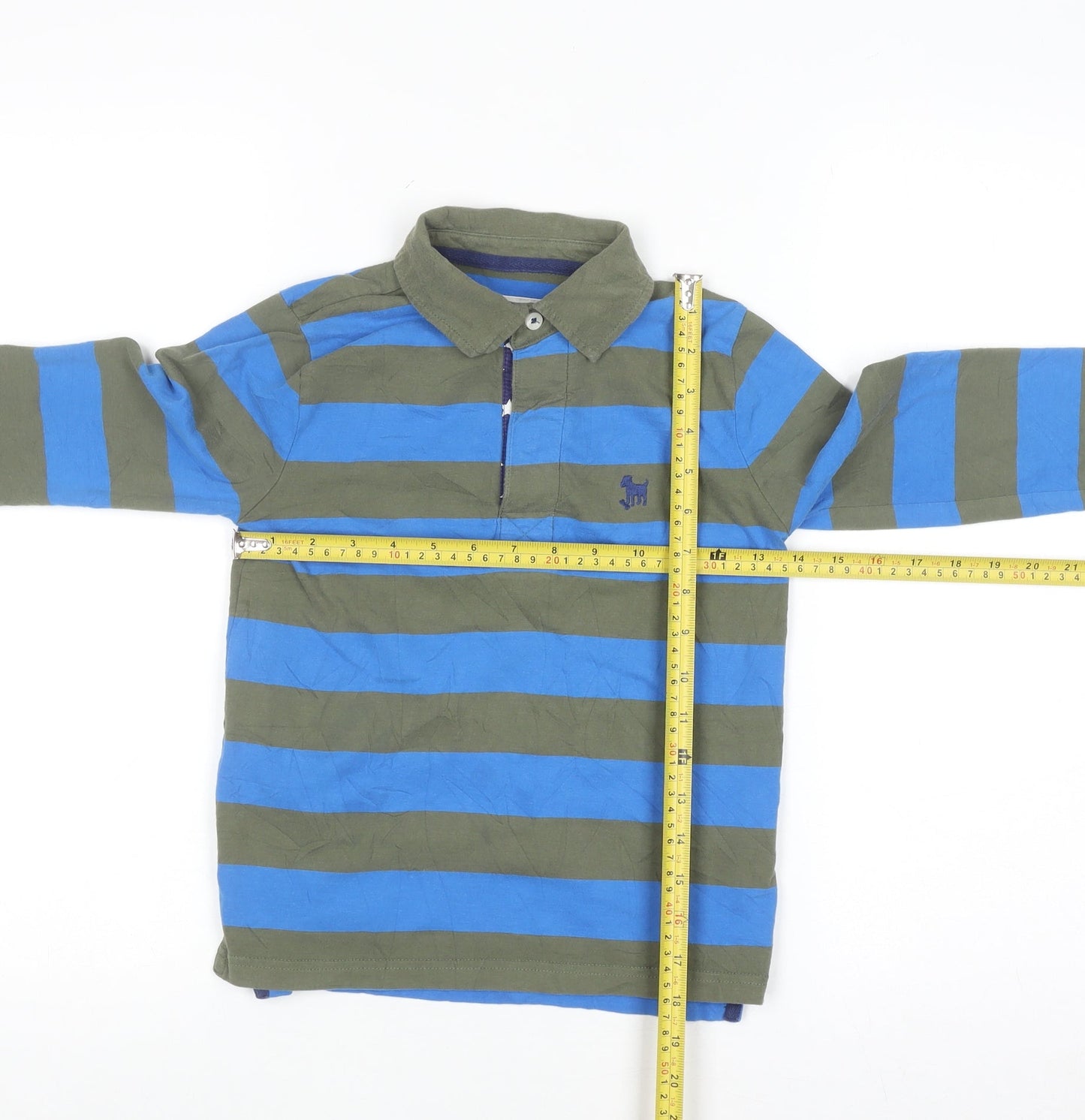 Mini Boden Boys Blue & Khaki Striped Long Sleeve Polo Shirt 6-7 Years