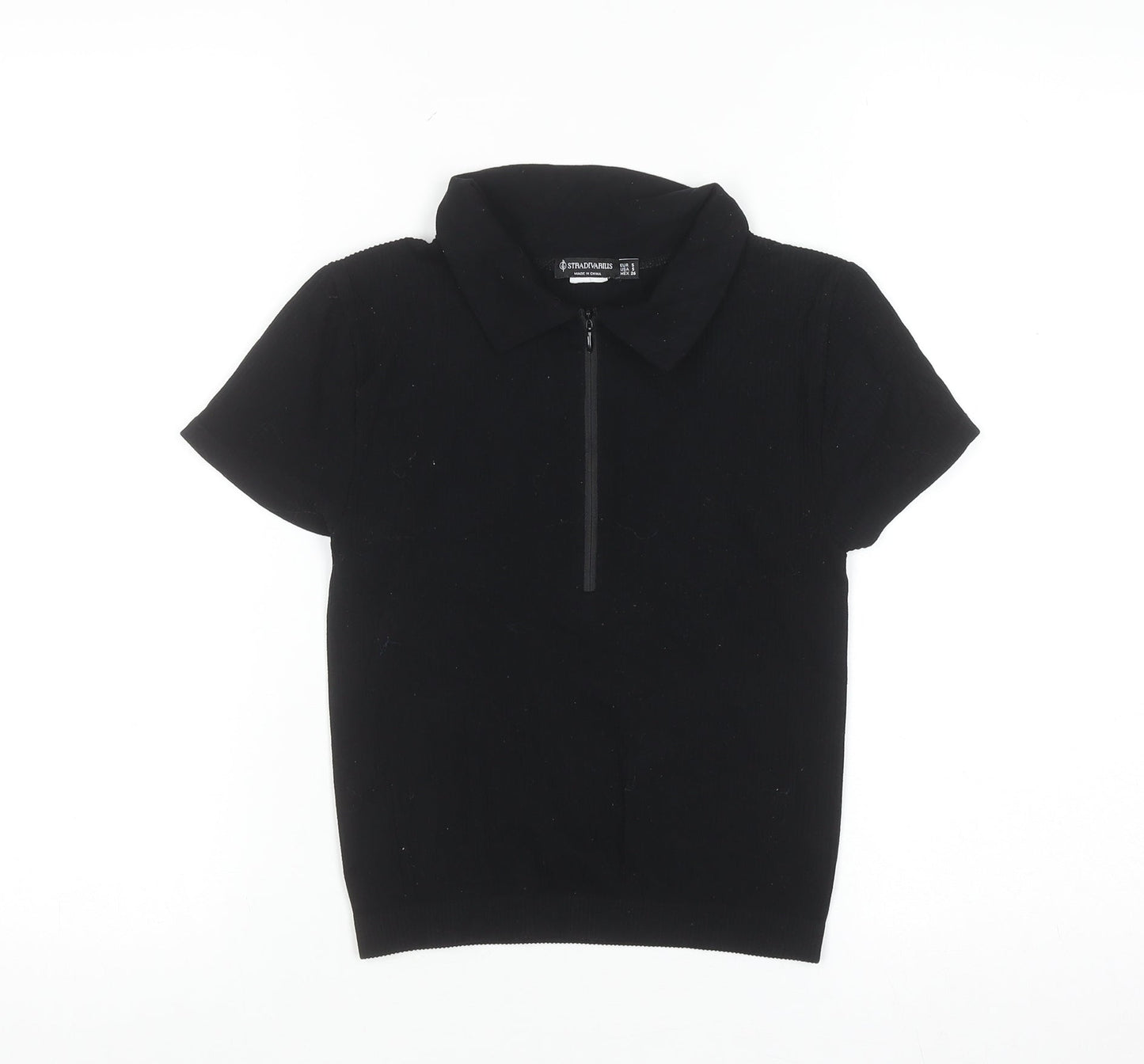 Stradivarius Women’s Black Short Sleeve Collared Zip Polo Top Size S