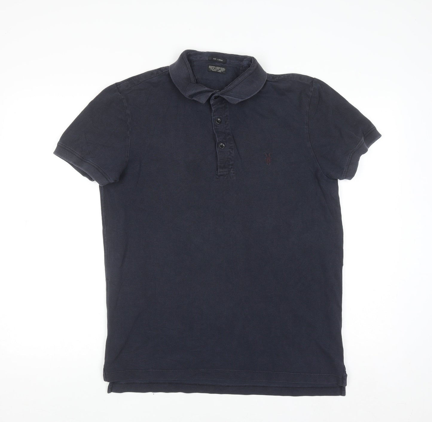 AllSaints Men's Blue Cotton Polo Shirt Size L Slim Fit