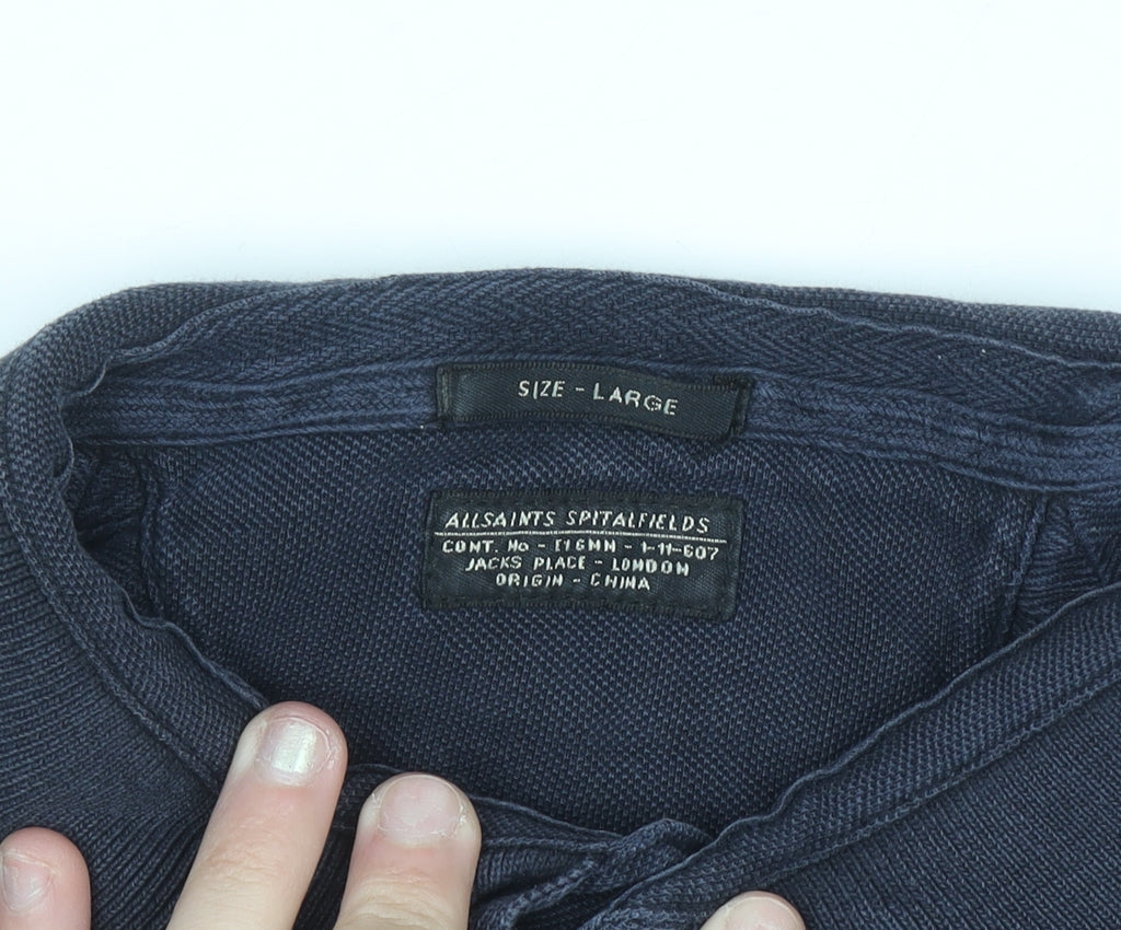 AllSaints Men's Blue Cotton Polo Shirt Size L Slim Fit