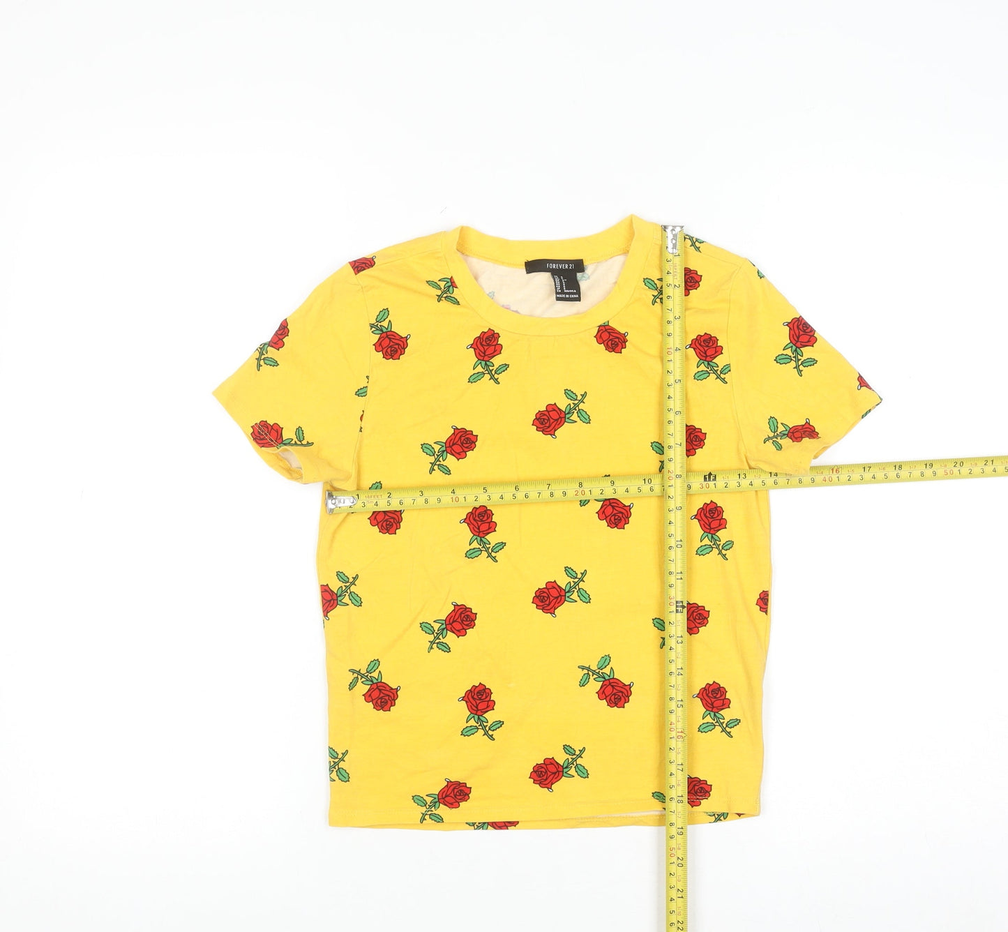 Forever 21 Women's Yellow Floral Rose Print Cotton T-Shirt Size S