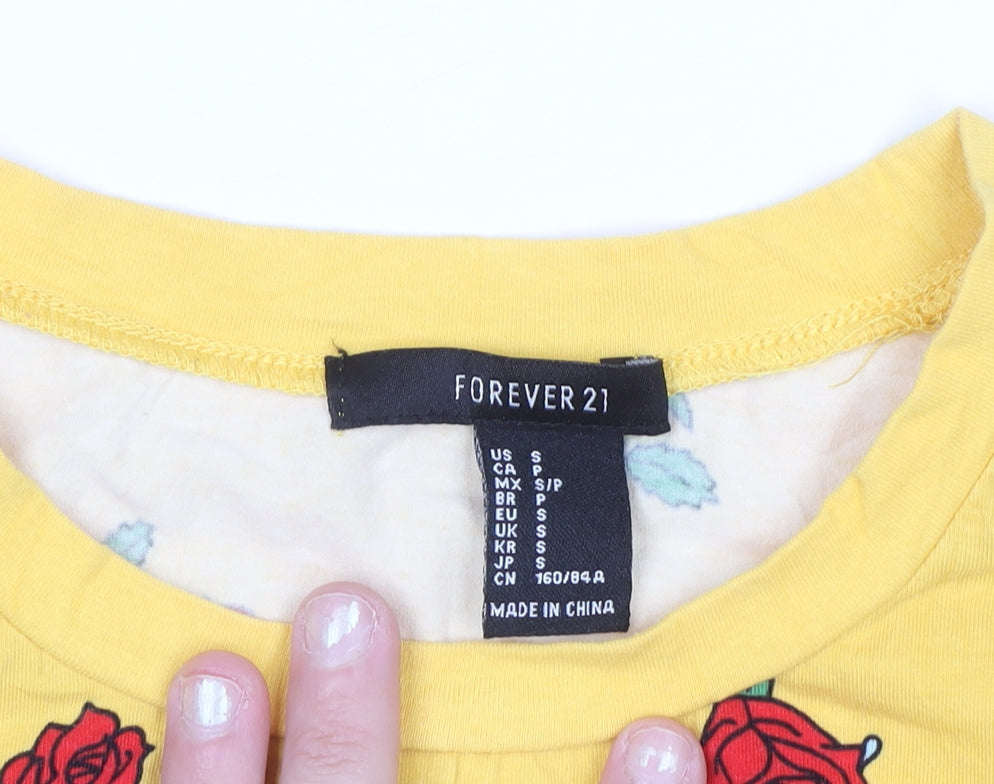 Forever 21 Women's Yellow Floral Rose Print Cotton T-Shirt Size S