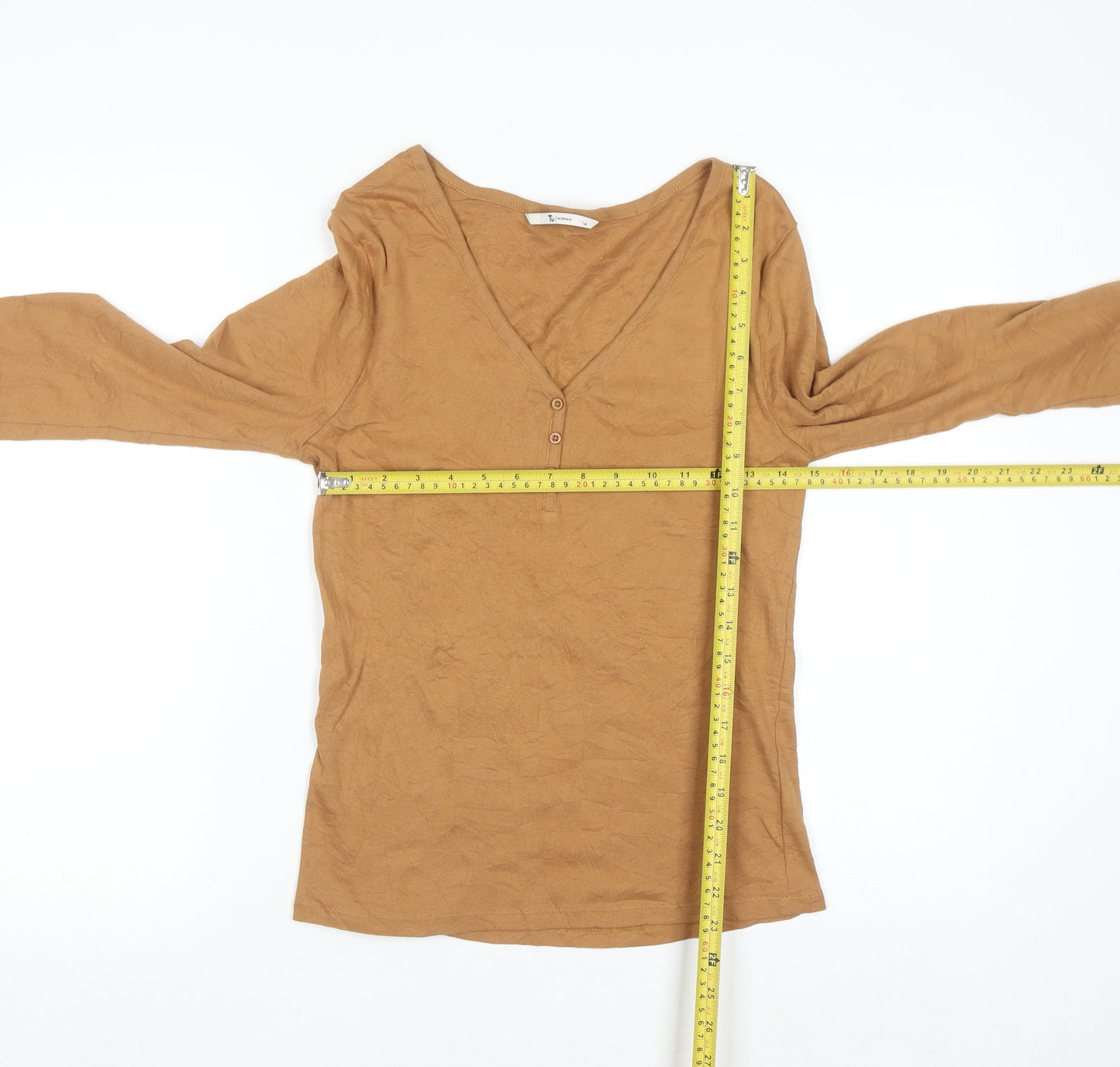 Tu Women Brown V-Neck Long Sleeve 100% Cotton T-Shirt Size 14