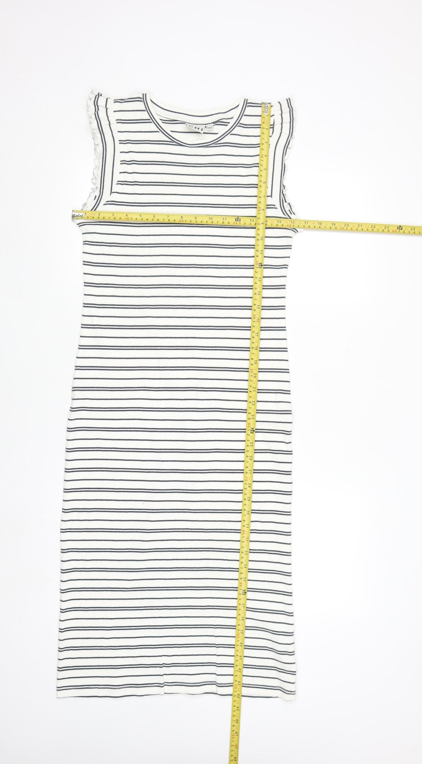 ICHI Women’s White Striped Sleeveless Midi Bodycon Dress Size S