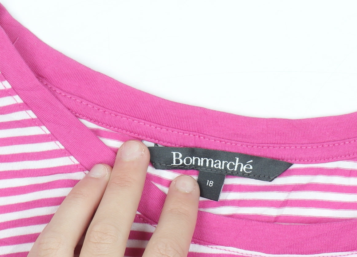 Bonmarché Women Pink Striped Embroidered Short Sleeve T-Shirt Size 18