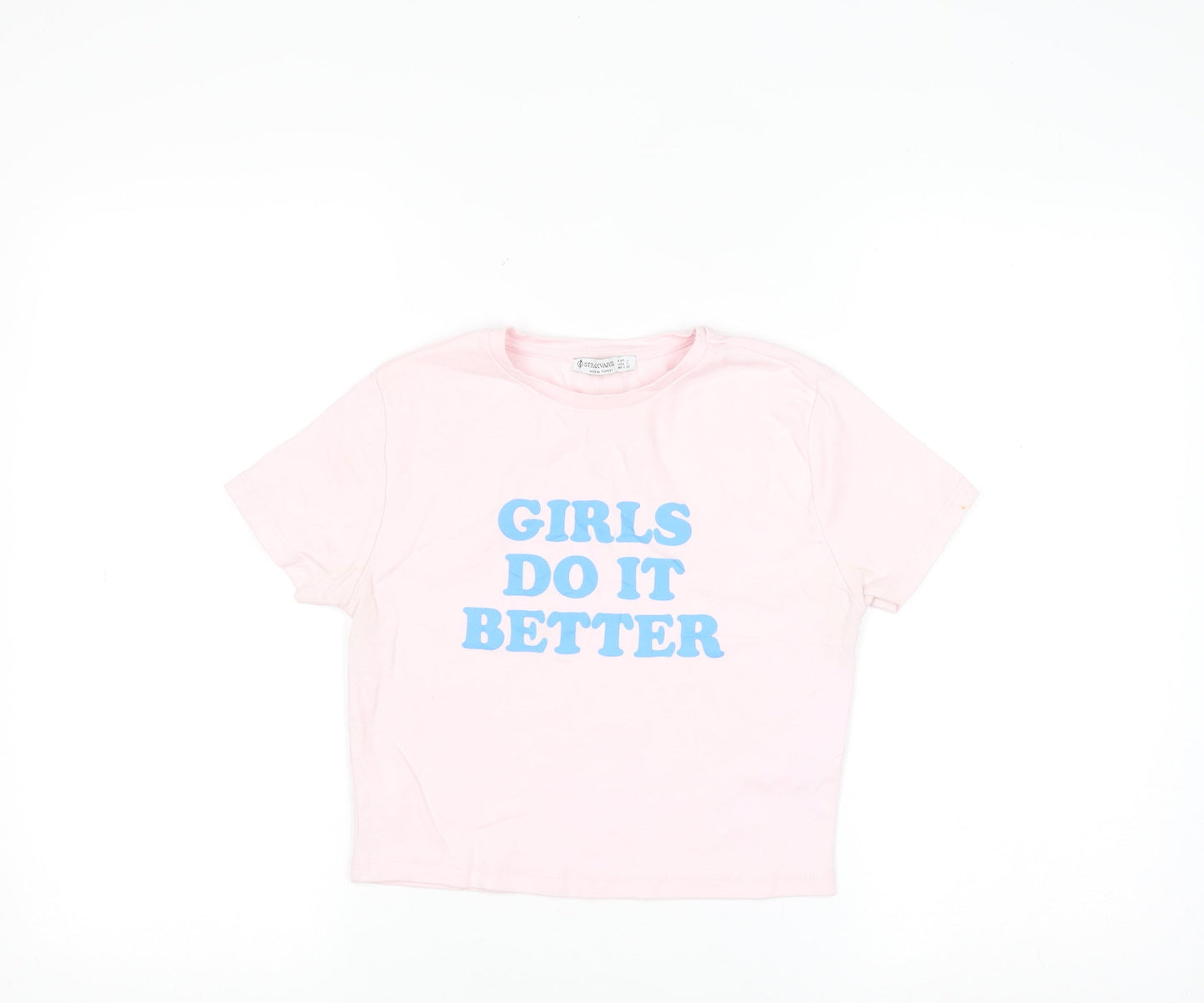 Stradivarius Women Pink Cropped T-Shirt Size 12 Cotton Blend