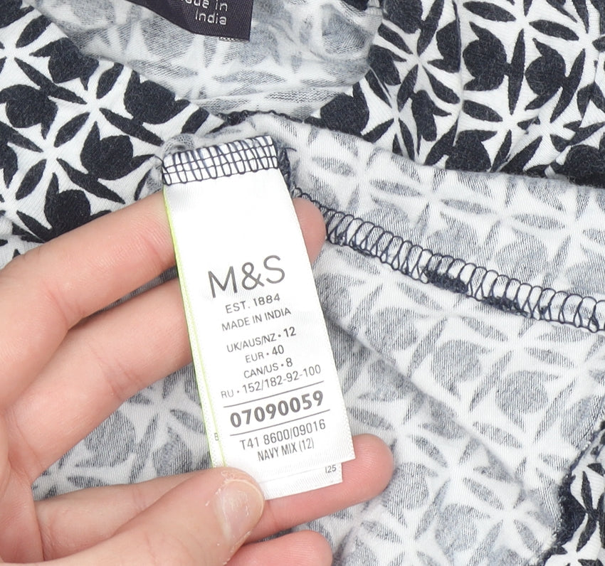 Marks and Spencer Women's Blue Geometric Roll Neck Long Sleeve T-Shirt Size 12