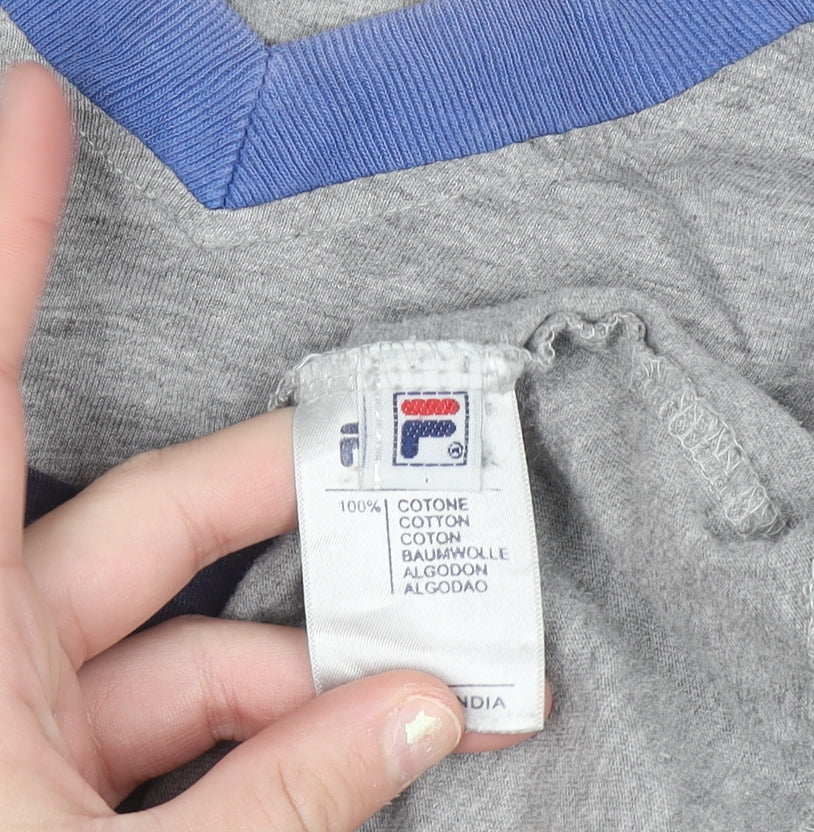 FILA Men's Grey V-Neck Colourblock Sports T-Shirt Size L