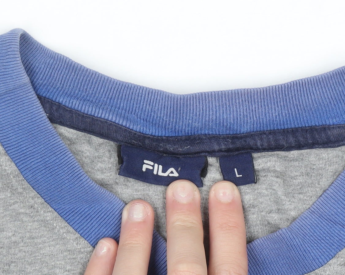 FILA Men's Grey V-Neck Colourblock Sports T-Shirt Size L