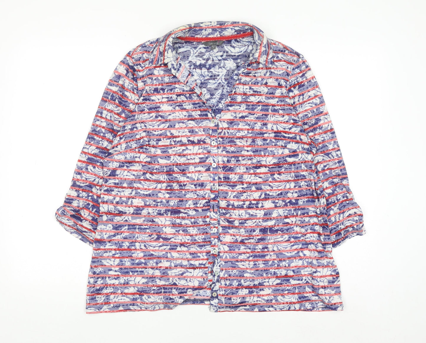 Marks and Spencer Per Una Women's Blue Stripe Floral Button-Up Shirt Size 18