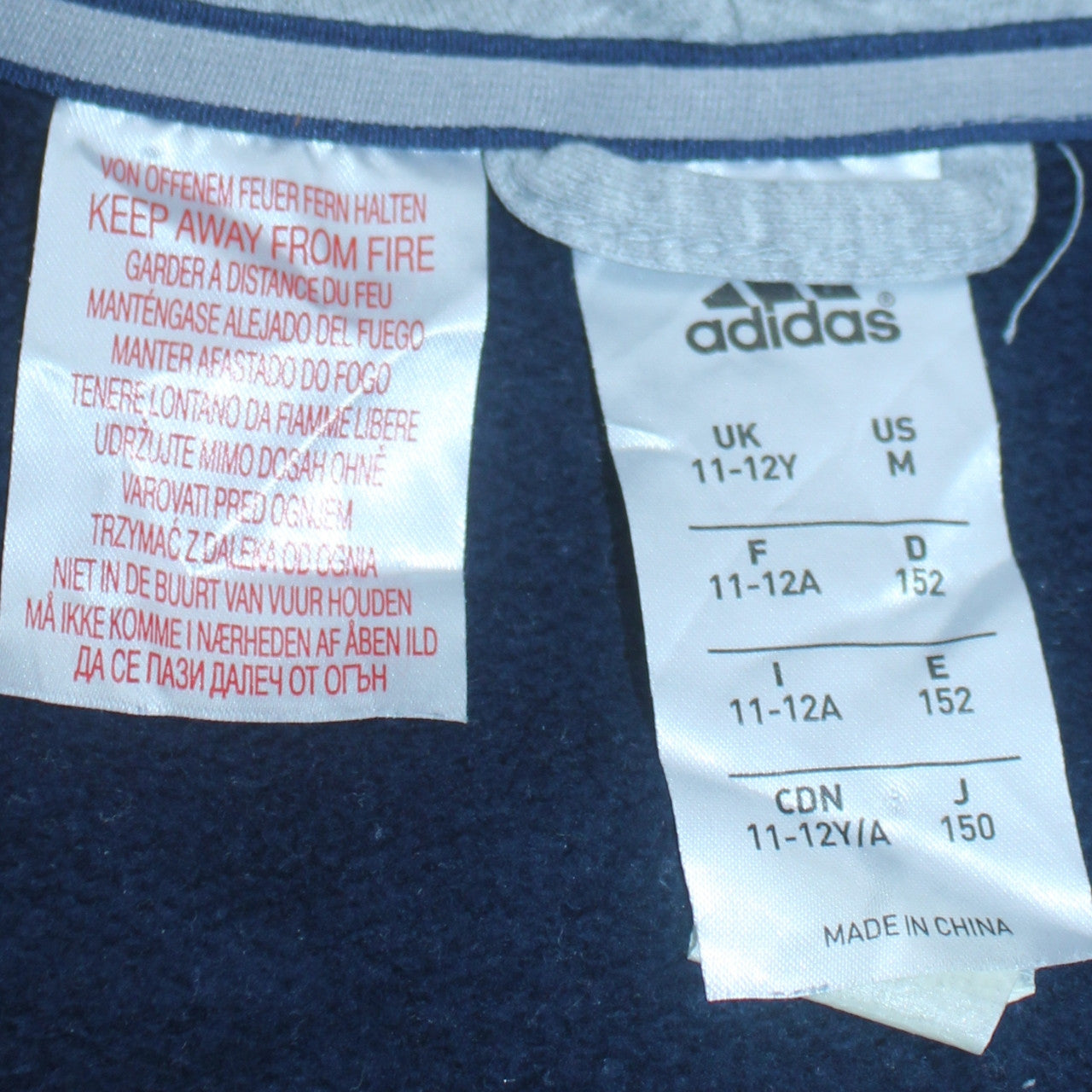 Adidas Boys Grey & Navy Full Zip Hoodie 11-12 Years Cotton Blend Sportswear
