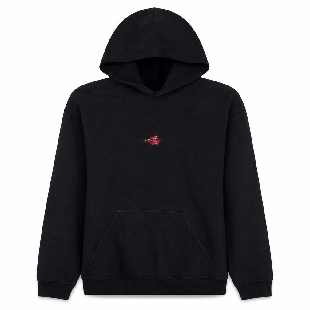 Late Club Black Pullover Hoodie Women S Embroidered Lips Design